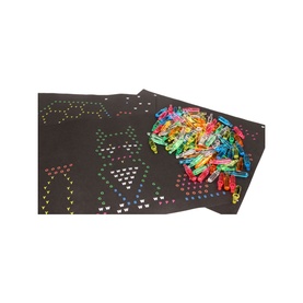 Basic Fun Lite Brite Refill Kit with 8 black templates and multicoloured pegs spread alongside, arts and crafts set for children