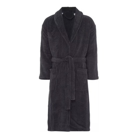 Piubelle Twist Bathrobe in grey, fluffy fleece fabric with shawl collar, tie belt and front pockets