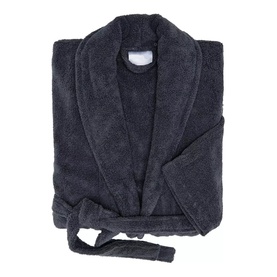 Piubelle Twist Bathrobe in grey, folded flat, showing shawl collar, tie belt and plush terry cloth texture