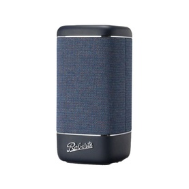 Roberts Beacon 320 Bluetooth Speaker in blue, cylindrical fabric-wrapped design with dark base and Roberts logo