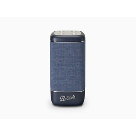 Roberts Beacon 320 Bluetooth Speaker in blue, cylindrical fabric-wrapped design with control buttons on top and branded base