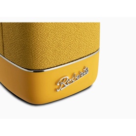 Roberts Beacon 320 Bluetooth Speaker in yellow, close-up showing textured fabric finish and gold-tone base with script logo badge