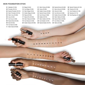 Bobbi Brown Skin Foundation Stick shade range shown on multiple hands, displaying warm to cool undertone swatches across diverse skin tones