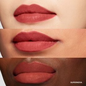 Bobbi Brown Crushed Lip Color in Supernova shown on three skin tones, a muted terracotta-rose matte finish