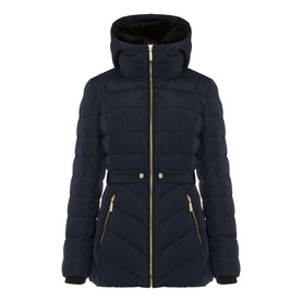 Phase Eight Bobbie Short Puffer Coat in blue with gold-tone zip, quilted finish, detachable faux fur hood trim and zip pockets