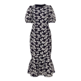 Phase Eight Caitlyn Guipre Lace Dress in blue, floral lace, short puff sleeves, round neck, fitted midi length with peplum hem