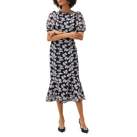 Model wearing Phase Eight Caitlyn Guipre Lace Dress in blue, featuring floral lace, short puff sleeves, round neck, and peplum hem midi length