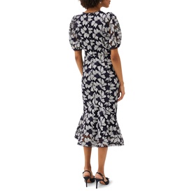 Model wearing Phase Eight Caitlyn Guipre Lace Dress in blue, floral lace, short puff sleeves, midi length, peplum hem, back view