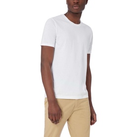 Model wearing Boss Black Casual Tiburt 55 T-Shirt in white, crew neck, short sleeves, styled with stone chinos