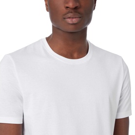 Model wearing Boss Black Casual Tiburt 55 T-Shirt in white, close-up crew neck view showing clean minimal design