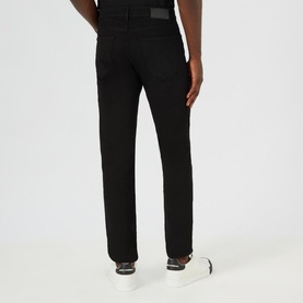 Model wearing Boss Black Casual Maine Mid Rise Straight Leg Jeans in black, rear view, styled with white trainers