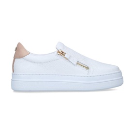 Carvela Comfort Cash Slip On Trainers in white leather with gold zip detail, nude heel tab, and thick white platform sole