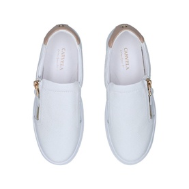 Carvela Comfort Cash Slip On Trainers in white leather with gold zip detail and white sole, top-down view