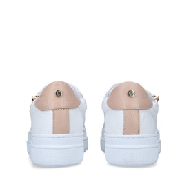 Carvela Comfort Cash Slip On Trainers in white leather with blush pink heel panel, gold-tone stud detail, white flatform sole, rear view
