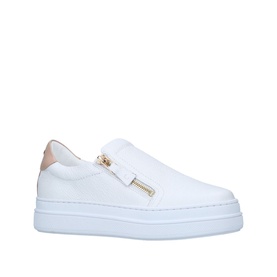 Carvela Comfort Cash Slip On Trainers in white leather with gold-tone zip detail, nude heel tab, and thick white flatform sole