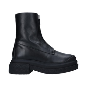 Stuart Weitzman Charli Zip Sportlift Bootie in black calf leather with front zip, round toe, and chunky platform sole