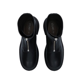 Stuart Weitzman Charli Zip Sportlift Bootie in black calf leather, overhead view showing front zip, chunky platform sole and round toe