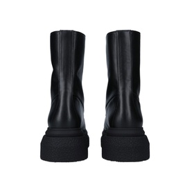 Stuart Weitzman Charli Zip Sportlift Bootie in black calf leather, rear view showing chunky platform sole and ankle height silhouette