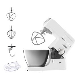 White stand mixer with silver bowl, shown with dough hook, whisk, K-beater and splash guard attachments