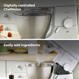 Kenwood Chef stand mixer in silver with stainless steel bowl, shown with whisk attachment and tilt-head design for easy ingredient adding.