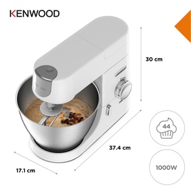 Kenwood stand mixer in white with stainless steel bowl, mixing batter. Dimensions 37.4x17.1x30cm, 1000W, 44 functions shown.