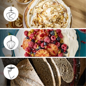 Three KitchenAid stand mixer attachments shown alongside food results: whisk with meringue, beater with berry cream dessert