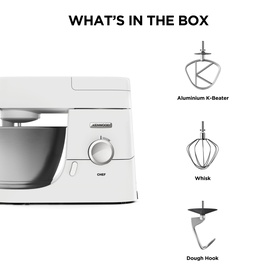Kenwood Chef stand mixer in white with labelled accessories: Aluminium K-Beater, Whisk, and Dough Hook
