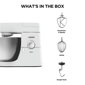 Kenwood Chef XL 6.7L 1200W Food Mixer in white with Aluminium K-Beater, Whisk, and Dough Hook attachments shown