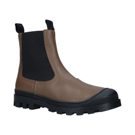 Loewe Chelsea Leather Boots in taupe with black elasticated panels, toe cap, and chunky black lug sole