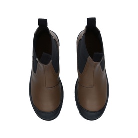 Loewe Chelsea Leather Boots in brown leather with black elastic side panels and black chunky sole, overhead view