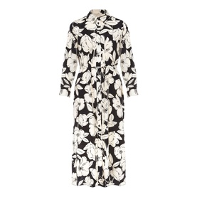 Hobbs Chiara Floral Shirt Dress in black and white large floral print, midi length, tie waist, button-front, long sleeves
