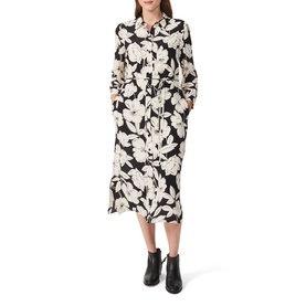 Model wearing Hobbs Chiara Floral Shirt Dress in black and cream floral print, midi length, styled with black ankle boots