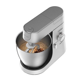Kenwood Chef XL 6.7L 1200W Food Mixer in silver with stainless steel bowl, mixing dough, shown at an angle