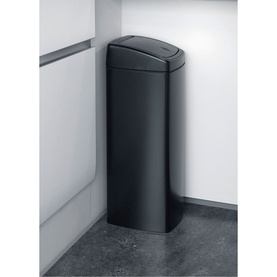 Brabantia Touch Rectangular Bin in black, slim rectangular design with push-top lid, shown in a corner kitchen setting