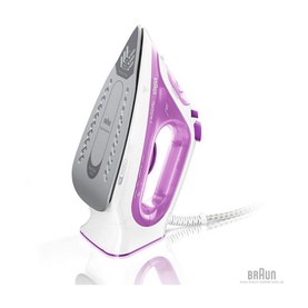Braun TexStyle 3 Steam Iron in purple and white with grey soleplate, shown at an angle with coiled cord visible