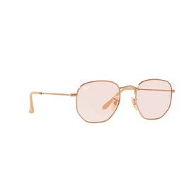 Ray-Ban Hexagonal Square Sunglasses in brown with rose-tinted lenses and gold-tone metal frame, angled view