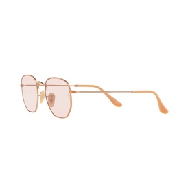 Ray-Ban Hexagonal Square Sunglasses in brown, rose gold metal frame with pale pink tinted lenses, angled side view