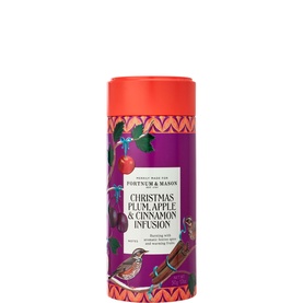 Fortnum & Mason Plum, Apple and Cinnamon Infusion 50g in a purple and red cylindrical tin with festive bird and botanical print