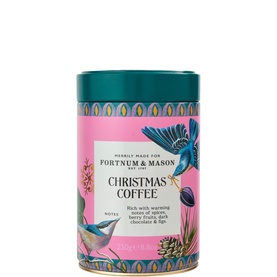 Fortnum & Mason Christmas Coffee Tin 250g, pink and teal decorative tin with festive bird and botanical illustration design
