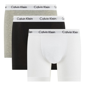CK Bodywear Three-Pack Cotton Stretch Trunks in grey, black, and white with branded elastic waistbands