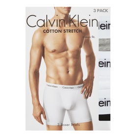 CK Bodywear Three-Pack Cotton Stretch Trunks in assorted white, grey and black, classic fit boxer briefs, cotton stretch waistband