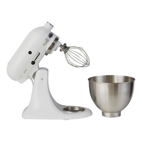 KitchenAid Classic Stand Mixer 4.3L in white with silver wire whisk attachment and detached stainless steel mixing bowl