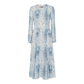 Whistles Brushed Front Zip Dress in blue abstract animal print, long sleeves, midi length, A-line silhouette