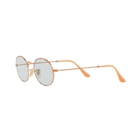 Ray-Ban Oval Sunglasses in brown with rose gold metal frame, round lenses, and peach temple tips, angled side view