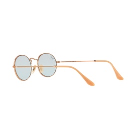 Ray-Ban Oval Sunglasses in brown with rose gold metal frames, round lenses, and slim wire temples, angled rear view