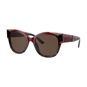 Prada 0PR 02WS Pillow Sunglasses in brown tortoiseshell with burgundy top frame, gold temple detail, and dark brown lenses