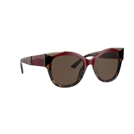 Prada 0PR 02WS Pillow Sunglasses in brown tortoiseshell with burgundy red frame trim, brown lenses, and logo-engraved temples