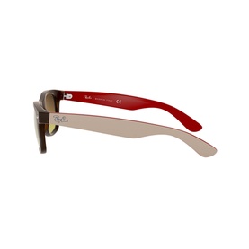 Ray-Ban Wayfarer Sunglasses RB2132 in brown with red temples, shown from rear angle highlighting temple length and hinge detail
