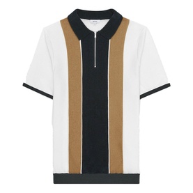 Reiss Claude Stripe Zip Neck Polo Shirt in blue, white and tan vertical stripes, short sleeves, quarter-zip collar