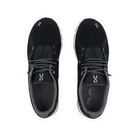 On Running Cloud Trainers in black, overhead view showing mesh upper, grey laces and white sole unit